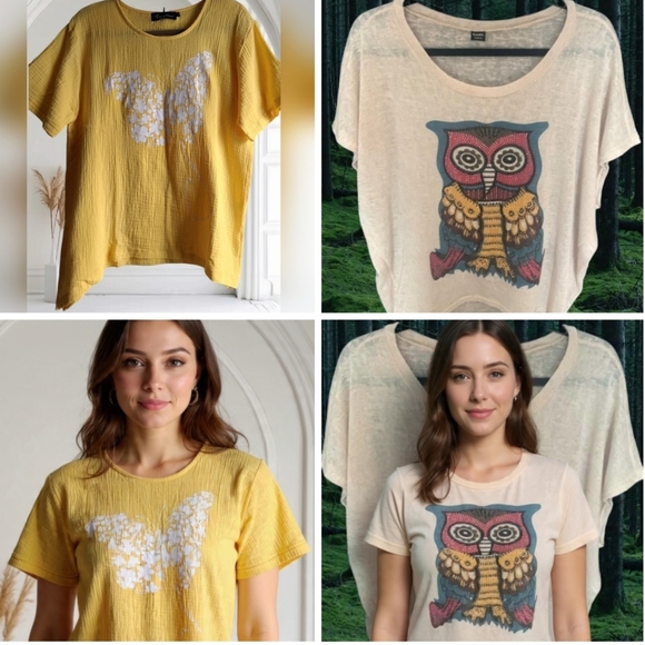 Tops - S/M🍀2 Tops Yellow Butterfly Print & Owl print